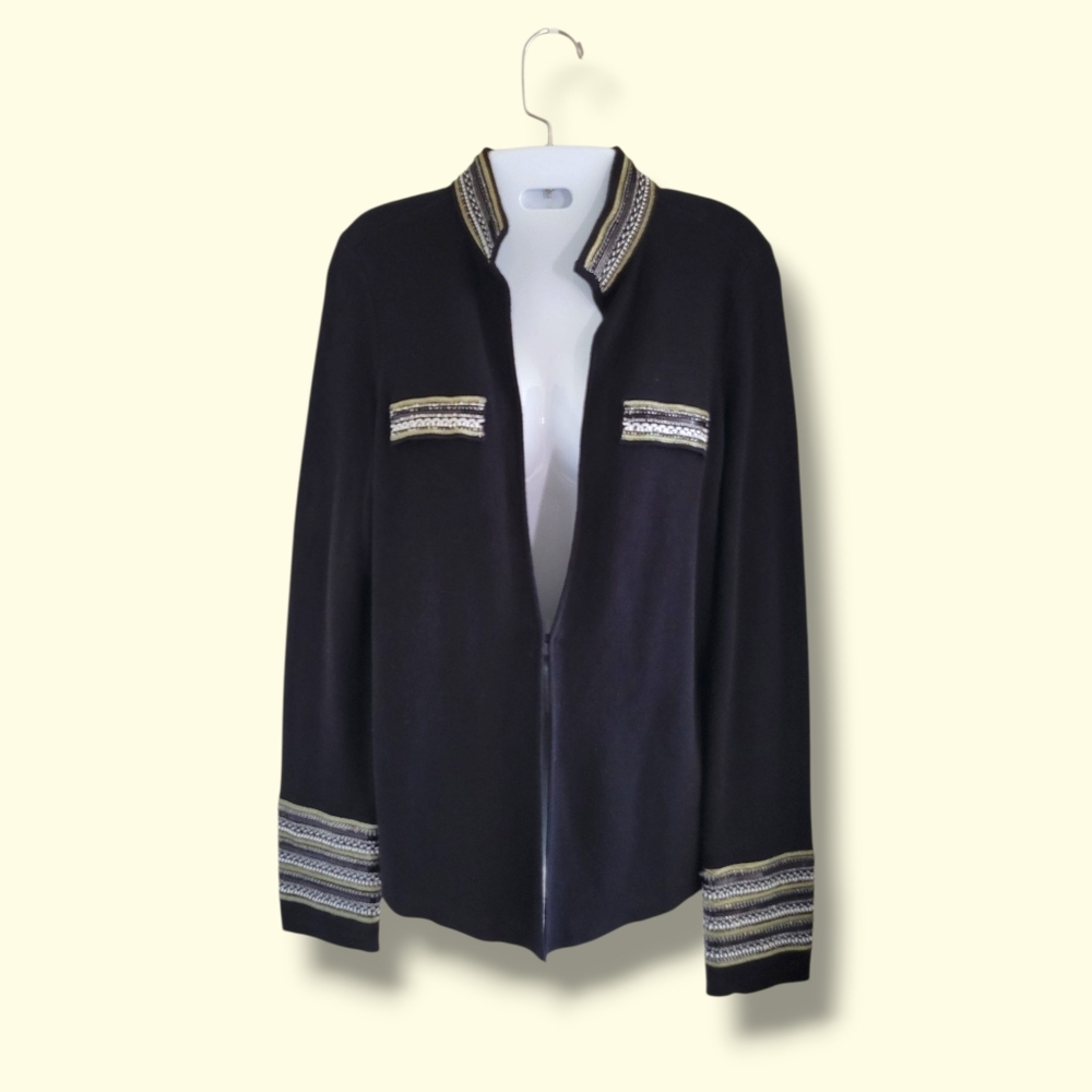 Chico's | Pretty Black Embellished Embroidered Long Sleeve Cardigan